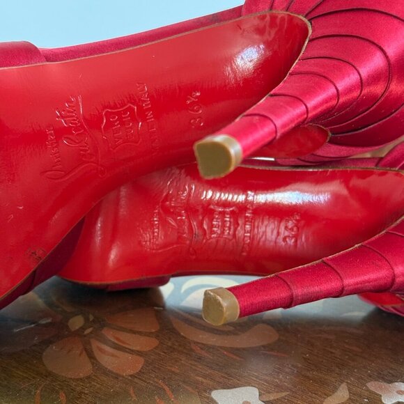 Christian Louboutin Armadillo Red Satin Peep Toe 36 1/2 Intact Red Bottoms - Picture 5 of 12